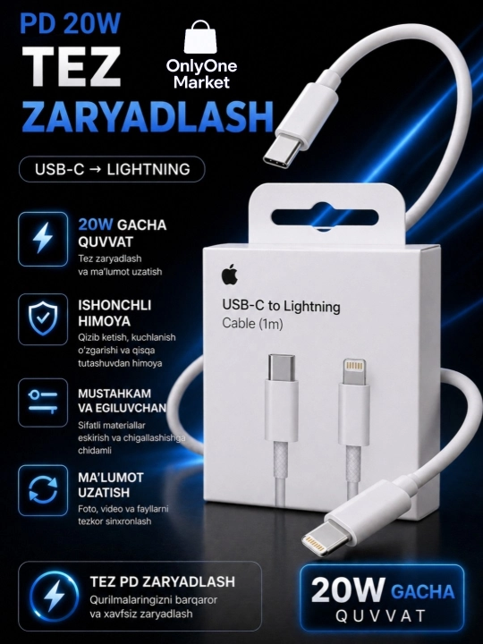 IPhone 60W uchun Apple kabeli - USB-C Type-C va Lightning, quvvatlash, 1 m - 