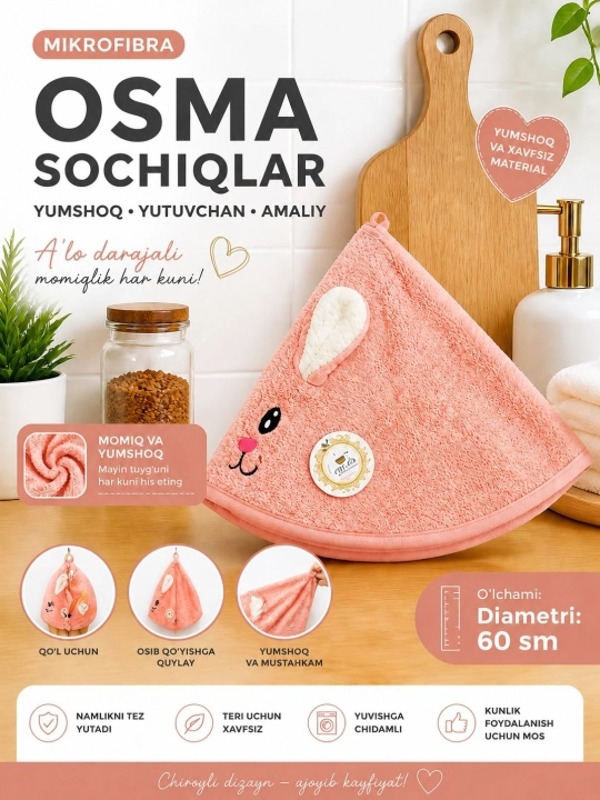 Yumshoqqina, suv shimuvchi, sifatli osilchoqli dumaloq sochiq-butun oila uchun ajoyib tanlov - 