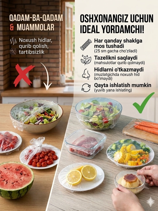 Oziq-ovqat mahsulotlarini saqlash uchun ko'p martalik elastik  paketlar baxila streych - 