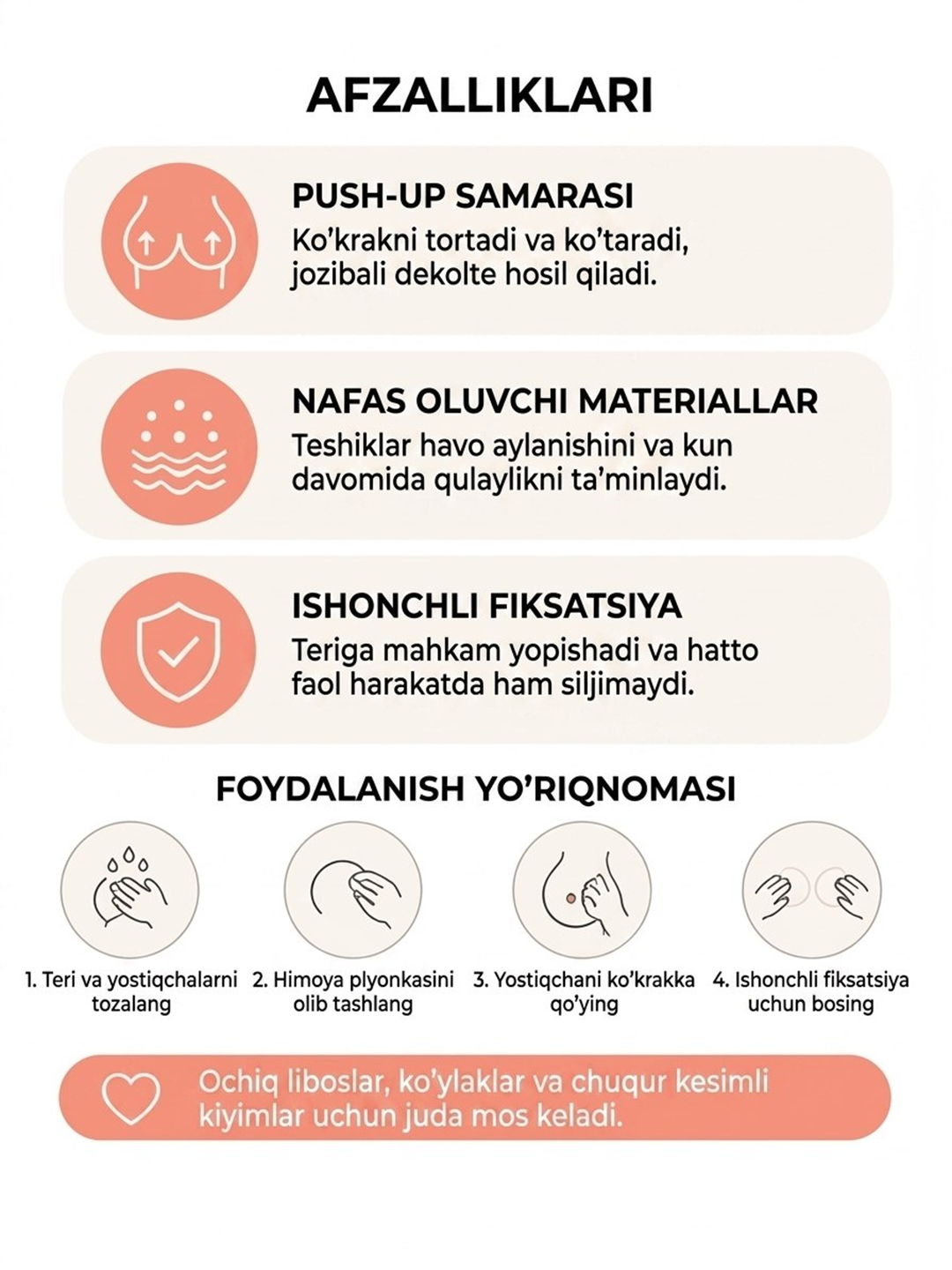 Ko‘krak uchun silikon va yopishadigan, ko'p marta ishlatiladigan korinmas byustgalter