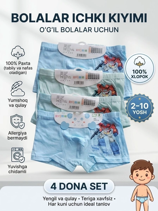 Bolalar bokser ich kiyimi 3 dona va 4 dona set, tursik, ichki kiyim, ritus, bolalar tursig - 