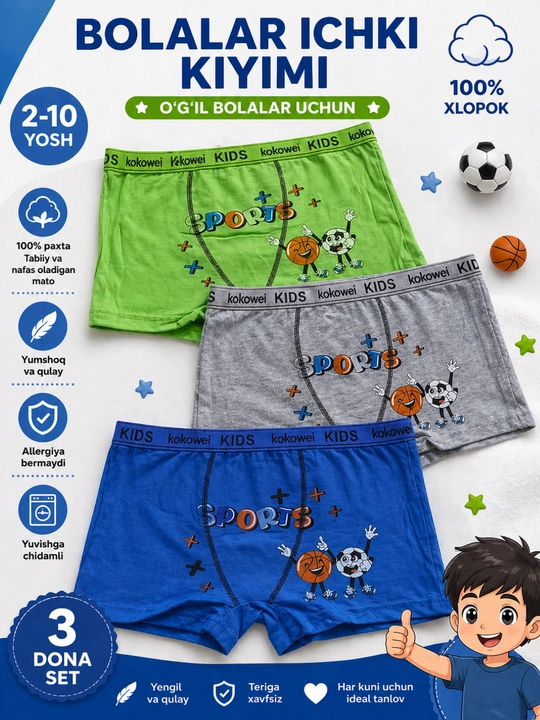 Bolalar bokser ich kiyimi 3 dona va 4 dona set, tursik, ichki kiyim, ritus, bolalar tursig