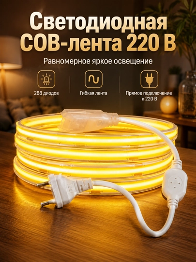 Светодиодная COB лента 220В 8мм 288D с вилкой 3 цвета резка 10см для дома - 