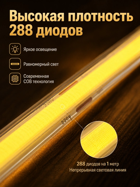COB LED lenta 220V 8mm 288D vilkali 3 rang 10sm kesish uy dekor yoritish