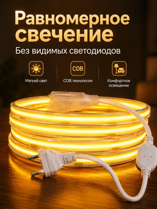 COB LED lenta 220V 8mm 288D vilkali 3 rang 10sm kesish uy dekor yoritish