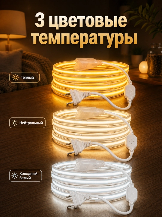 COB LED lenta 220V 8mm 288D vilkali 3 rang 10sm kesish uy dekor yoritish