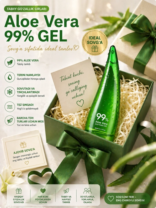 Aloe Vera 99% geli, yuz va tana uchun namlantiruvchi gel