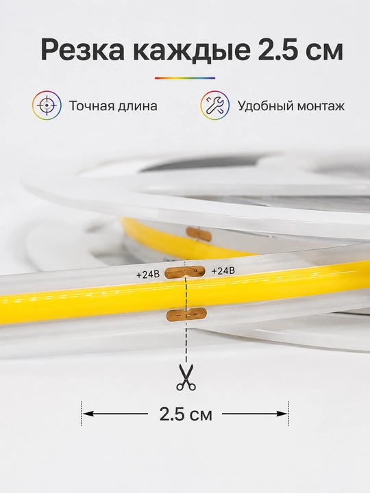COB LED лента 24V 5/10м 288D 8мм 3 цвета резка 2.5см с блоком или без