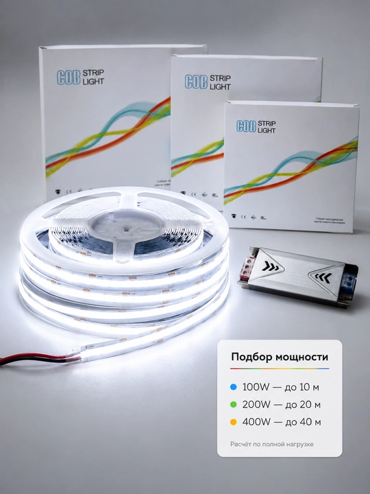 COB LED лента 24V 5/10м 288D 8мм 3 цвета резка 2.5см с блоком или без