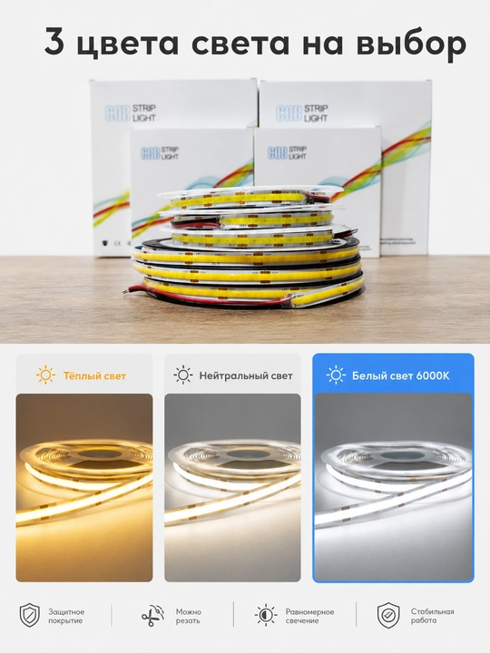 COB LED лента 24V 5/10м 288D 8мм 3 цвета резка 2.5см с блоком или без