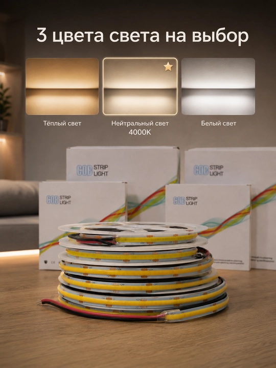 COB LED lenta 24V 5/10m 288D 8mm 3 rang 2.5sm kesish blokli yoki bloksiz