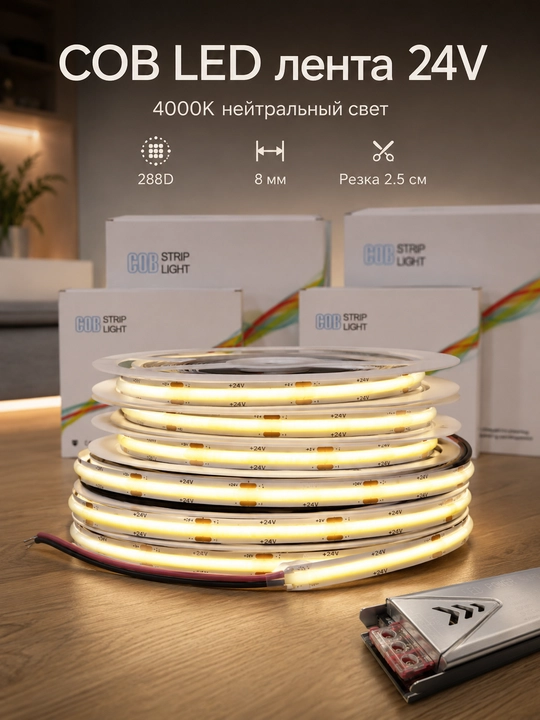 COB LED lenta 24V 5/10m 288D 8mm 3 rang 2.5sm kesish blokli yoki bloksiz - 