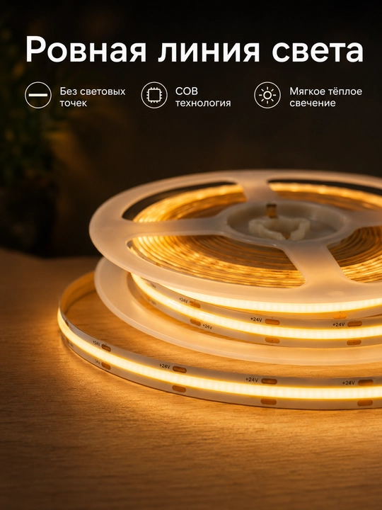 COB LED лента 24V 5/10м 288D 8мм 3 цвета резка 2.5см с блоком или без