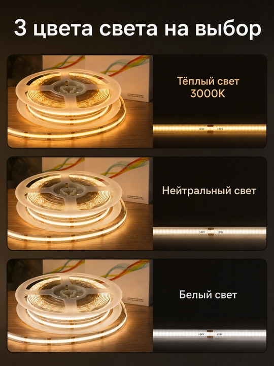 COB LED лента 24V 5/10м 288D 8мм 3 цвета резка 2.5см с блоком или без