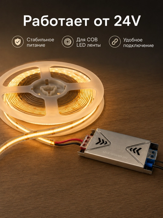 COB LED лента 24V 5/10м 288D 8мм 3 цвета резка 2.5см с блоком или без