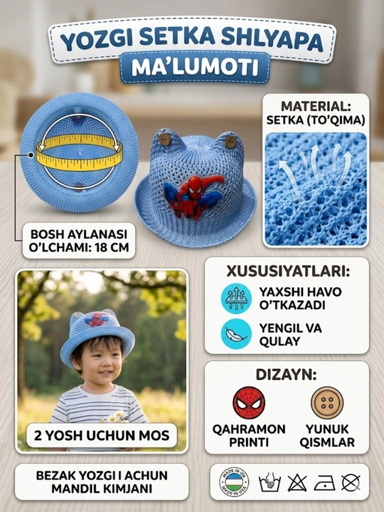 Bolalar uchun Spiderman yozgi panama, quyoshdan himoya qiluvchi to'rli shlyapa