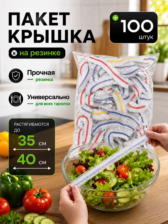 Пакет крышка на резинке 100 шт, универсальные защитные крышки для посуды - 