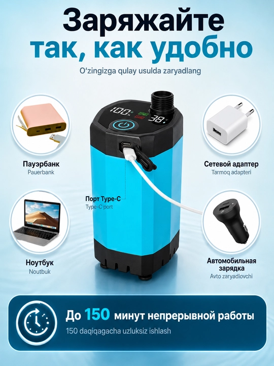 Душ портативный для кемпинга с информативным LED-дисплеем, температура, заряд, 6000 мАч