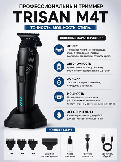 Профессиональный беспроводной триммер Trisan M4T Badger - 