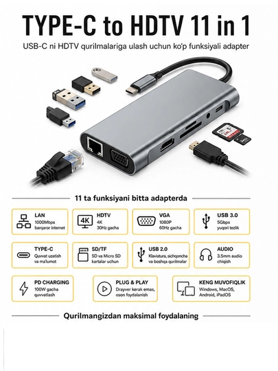 Адаптер-концентратор 6-в-1 USB-C, HDMI 4K, USB 3.0 RJ45 LAN, Type-C PD для ноутбуков и Mac — PRECOM-TYEPC6V1-ЖЕЛТ