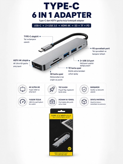 USB Type-C концентратор 6-в-1: HDMI 4K адаптер, USB 3.0, устройство чтения SD/TF карт