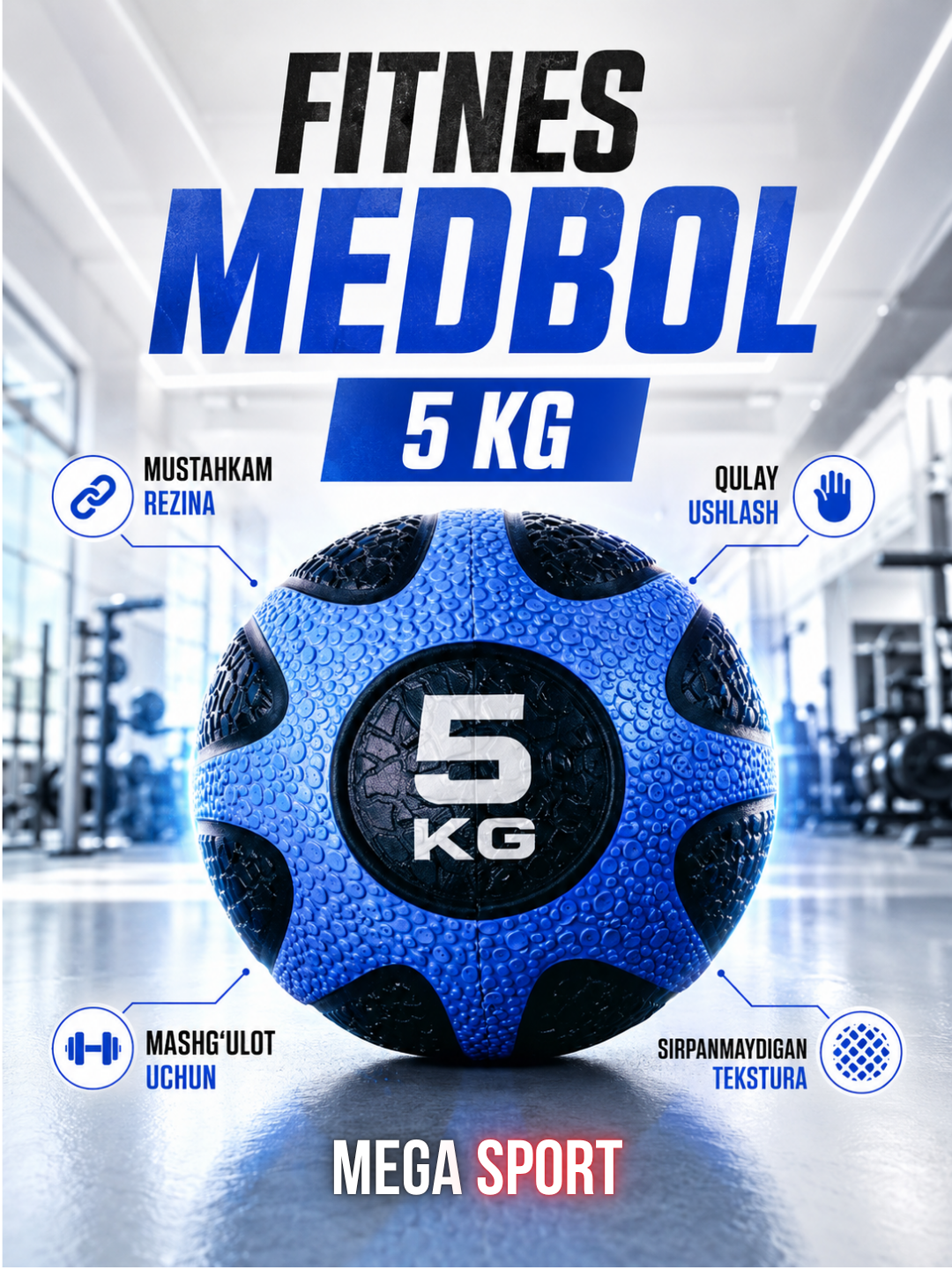 Fitnes medbol, sport va mashg‘ulot uchun rezinali og‘irlik to‘pi