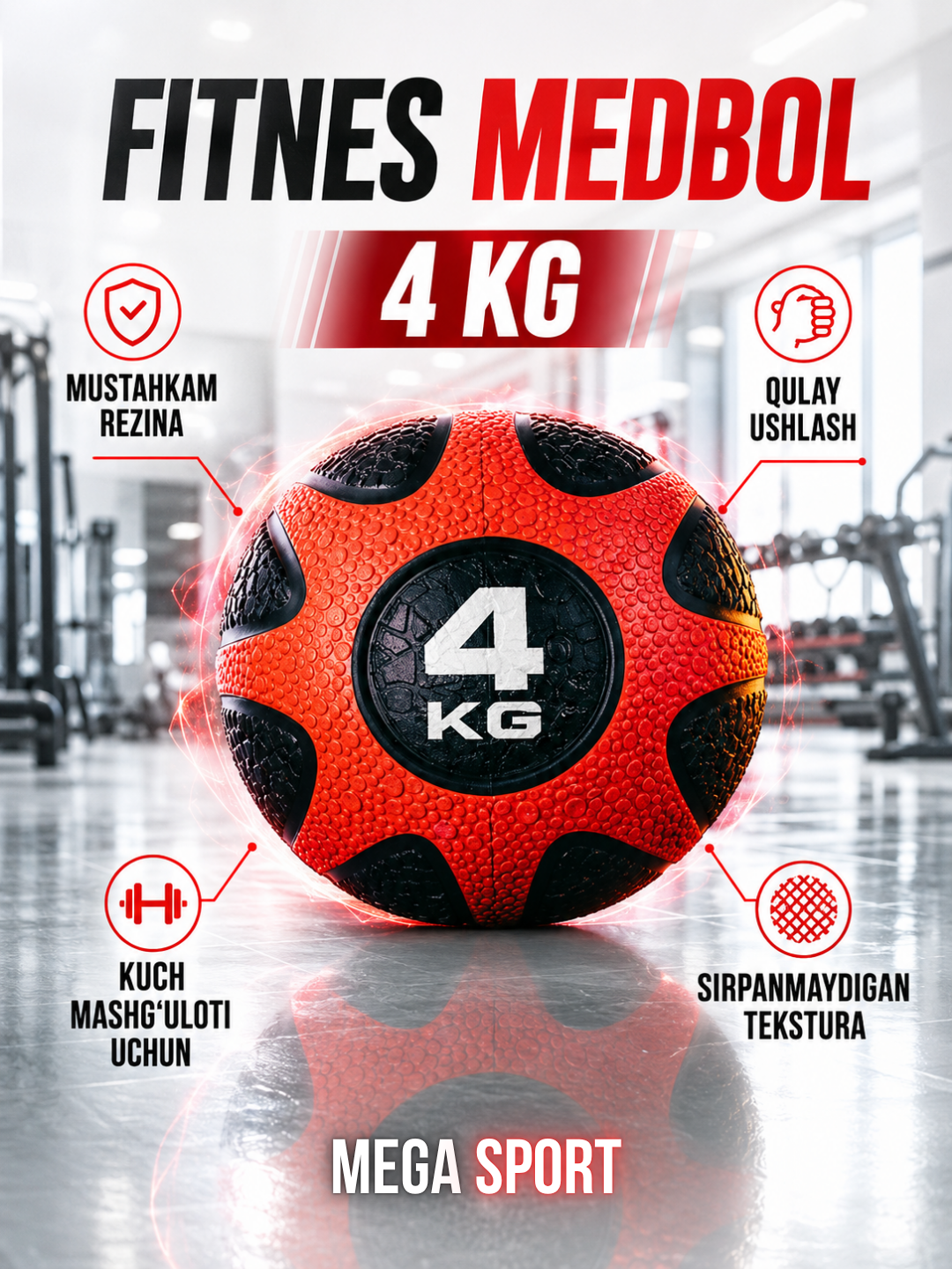 Fitnes medbol, sport va mashg‘ulot uchun rezinali og‘irlik to‘pi