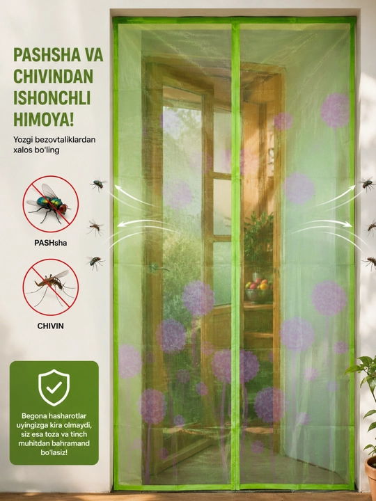 Magnitli eshik moskit to‘ri, pashsha va chivinlardan himoya, 120×200 sm