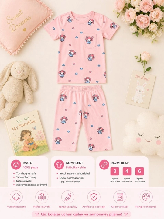 O‘g‘il va qiz bolalar uchun pijama – yumshoq va qulay uyqu kiyimi, 100% paxta, 2-6 yosh
