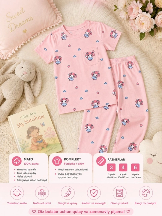 O‘g‘il va qiz bolalar uchun pijama – yumshoq va qulay uyqu kiyimi, 100% paxta, 2-6 yosh