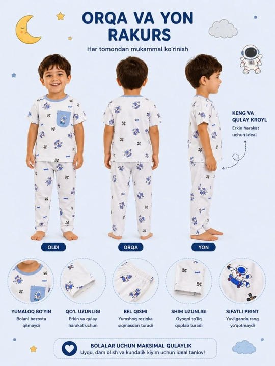 O‘g‘il va qiz bolalar uchun pijama – yumshoq va qulay uyqu kiyimi, 100% paxta, 2-6 yosh
