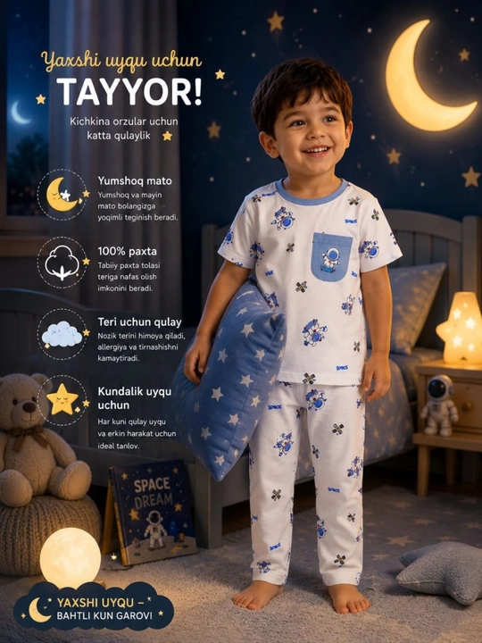 O‘g‘il va qiz bolalar uchun pijama – yumshoq va qulay uyqu kiyimi, 100% paxta, 2-6 yosh