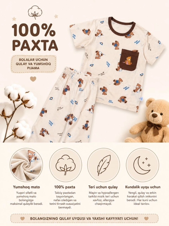 O‘g‘il va qiz bolalar uchun pijama – yumshoq va qulay uyqu kiyimi, 100% paxta, 2-6 yosh