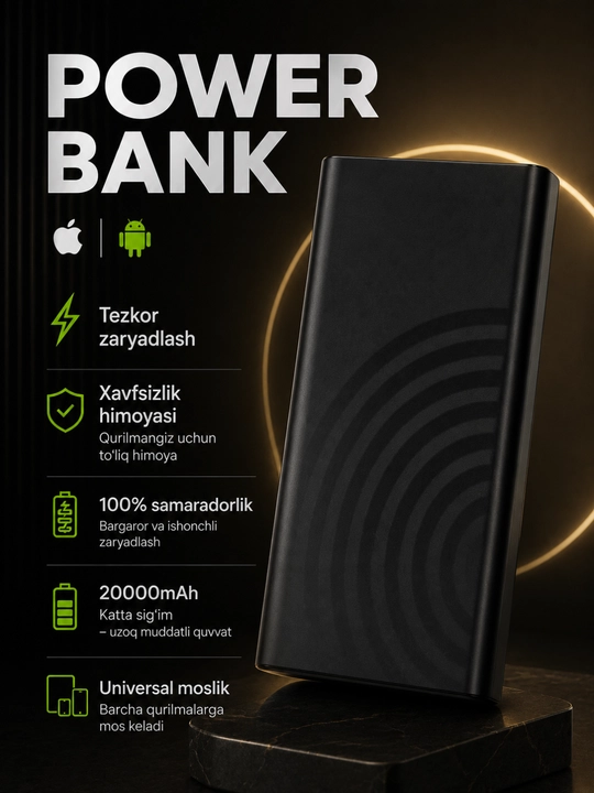 Повербанк 20000mAh, портативный аккумулятор с зарядкой, универсальный power bank - 