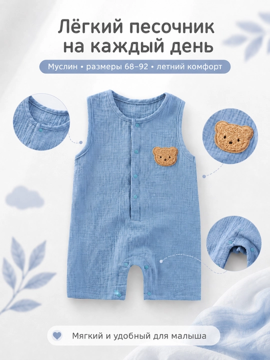 Муслиновый песочник для малыша, летний хлопковый ромпер с мишкой