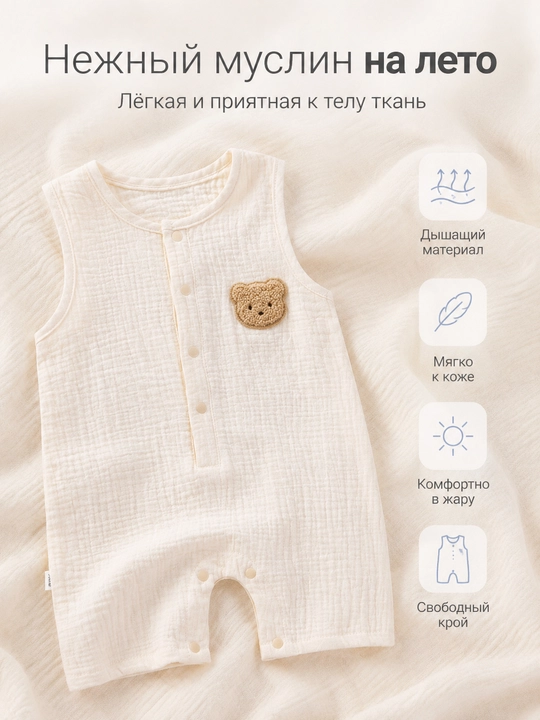 Муслиновый песочник для малыша, летний хлопковый ромпер с мишкой