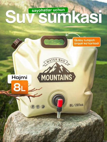 Suv uchun kranli sumka, 8 l - tabiat qo‘ynida dam olish, kemping va sayohatlar uchun - 