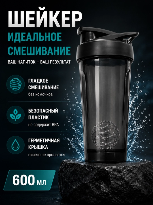 Шейкер спортивный, шейкер для протеина, бутылка для спорта, 600 мл - 