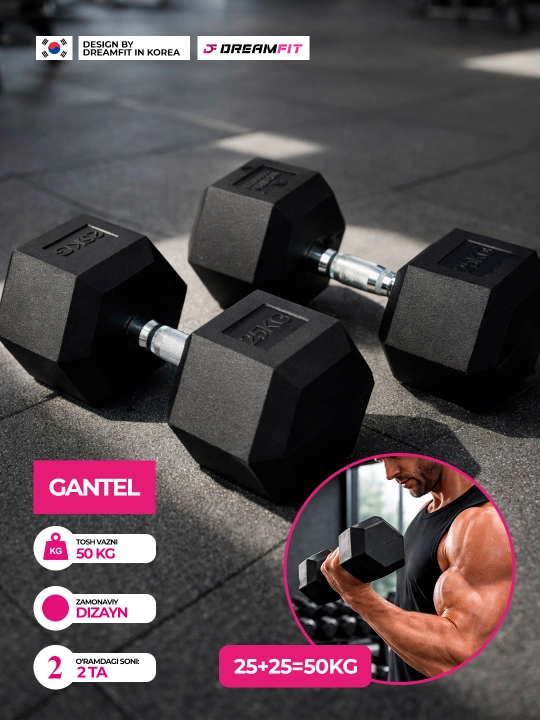 Гексагональные гантели DreamFit для фитнеса и силовых тренировок, набор 2 шт, 2.5 – 25 кг - 