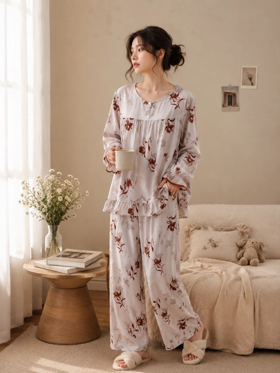 Ayollar uchun pijama to‘plami, yengil va nafas oladigan uy kiyimi, keng fason
