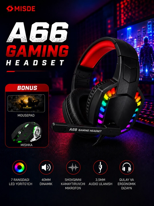 Gaming quloqchina A66+ RGB mishka + katta kovrik to‘plami - 