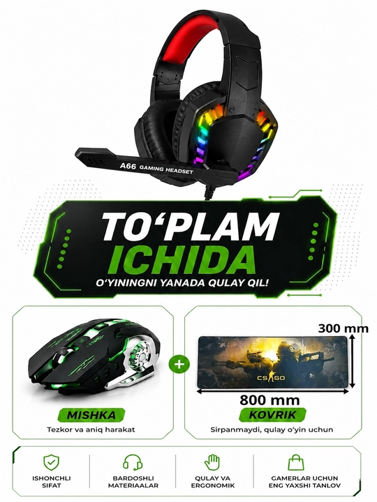 Gaming quloqchina A66+ RGB mishka + katta kovrik to‘plami