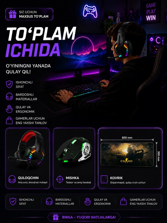 Gaming quloqchina A66+ RGB mishka + katta kovrik to‘plami