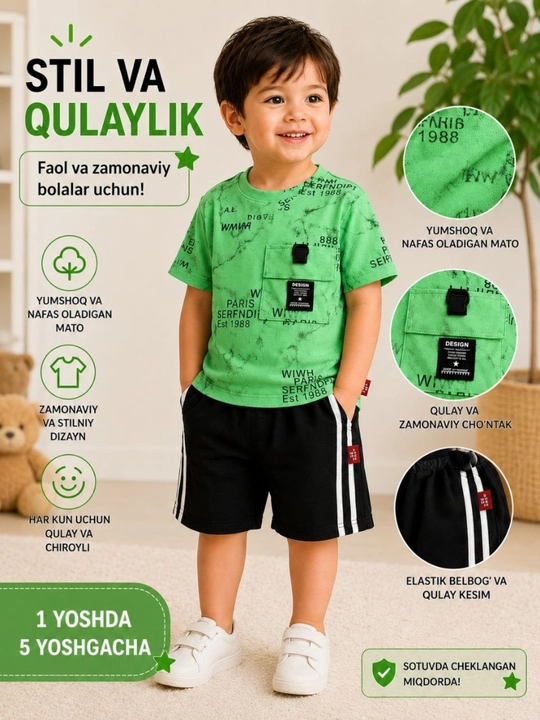 O‘g‘il bolalar uchun yozgi futbolka shortik   – 100% paxta, yumshoq va qulay (2-5 yosh) - 