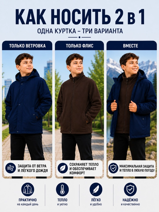 Детская ветровка 2 в 1 демисезонная с флисом, куртка с капюшоном, размеры 90–150