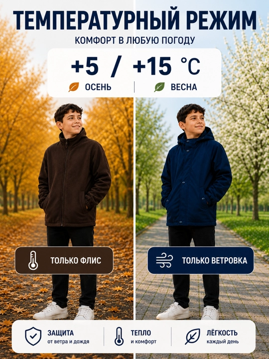 Детская ветровка 2 в 1 демисезонная с флисом, куртка с капюшоном, размеры 90–150