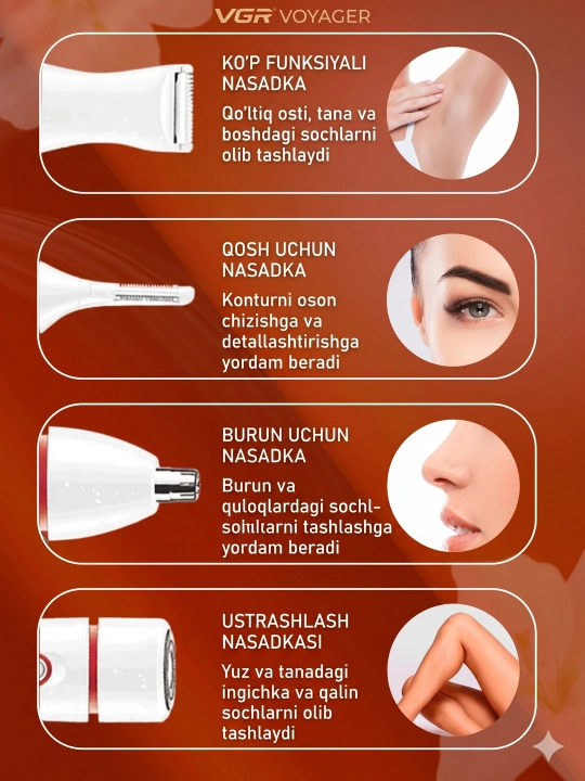 Ayollar uchun professional trimmer VGR V-763 V-725 4-in-1, epilyator va trimmer