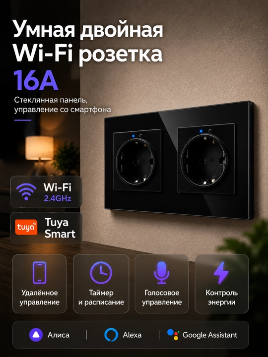 Wi-Fi aqlli rozetka 220V — Tuya/Smart Life, Alisa, Alexa, Google qo‘llab-quvvatlaydi - 