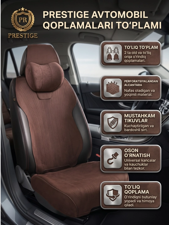 Avtomobil nakidkasi 2403 Alcantara to'liq salon — perforatsiyalangan, ortopedik yostiq