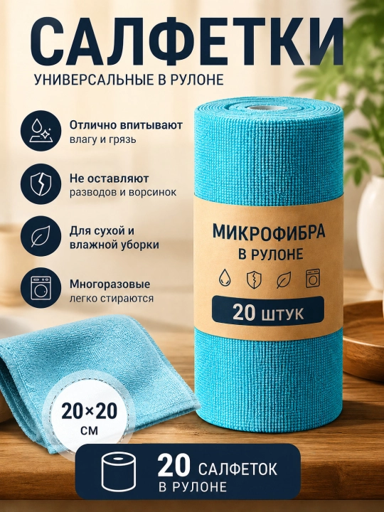 Многоразовые салфетки для уборки и кухни микрофибра в рулоне - 